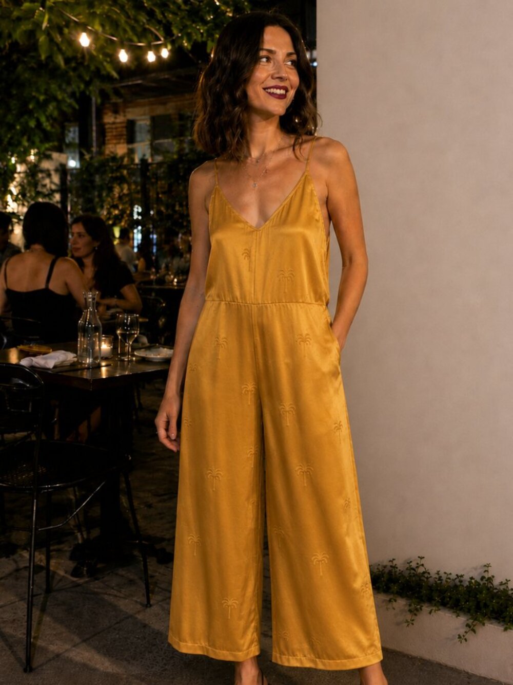 Pepaloves Golden Palm Satin Jumpsuit Wide Leg Cropped Lounge Size S Summer Fit